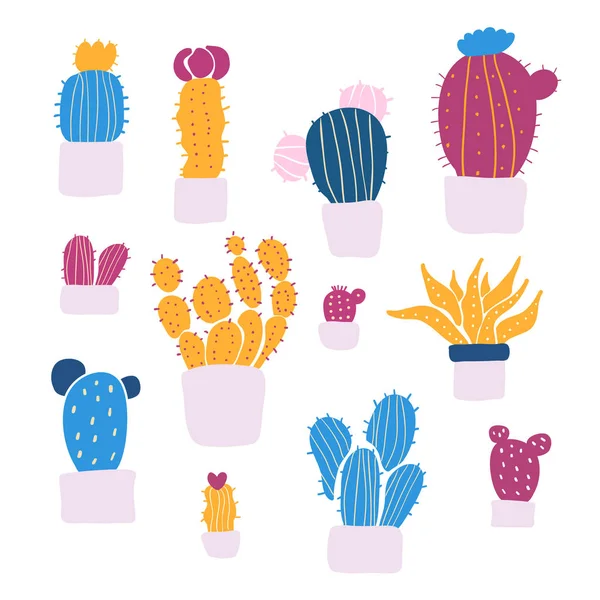 Ensemble de plantes succulentes et de cactus colorés. Ensemble vectoriel avec dessin à la main doodle dessin animé cactus — Image vectorielle