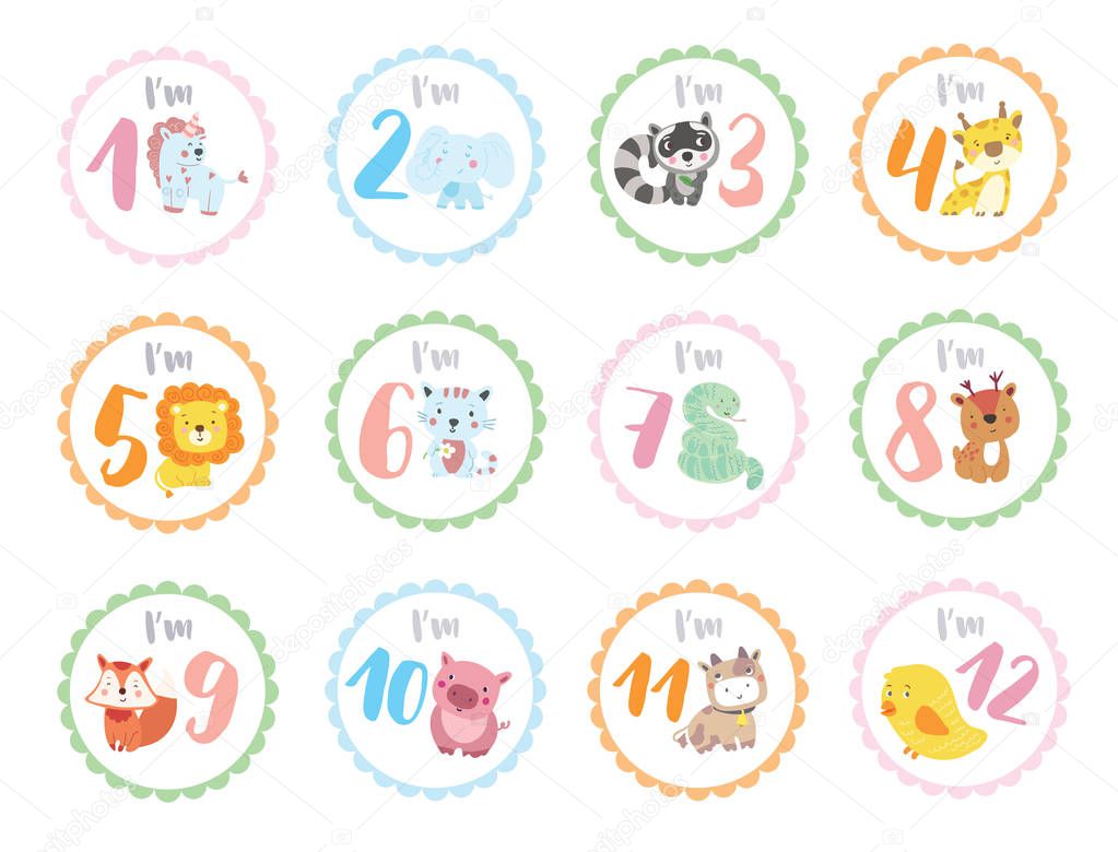 Cute birthday stickers with animals for babies