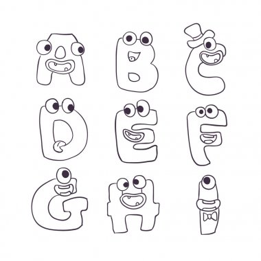 Sevimli Canavarlar doodle alfabe abc