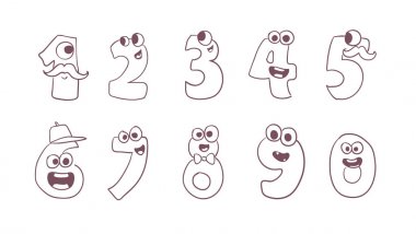 Şirin doodle canavarlar vektör sayılar kümesi. vektör sevimli sayılar 0 ile 9. Çizgi film sayı doodle tarzı tasarım kümesi. Sayı toplama sayma veya matematik öğrenme çocuklar için.