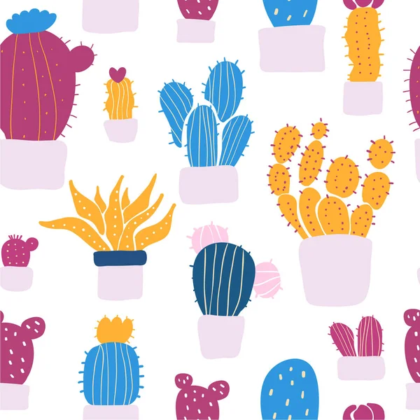Succulents and cacti plants seamless pattern. Colorful vector seamless pattern with hand drawn doodle cartoon cactus. Fabric, textile design. — Stock Vector