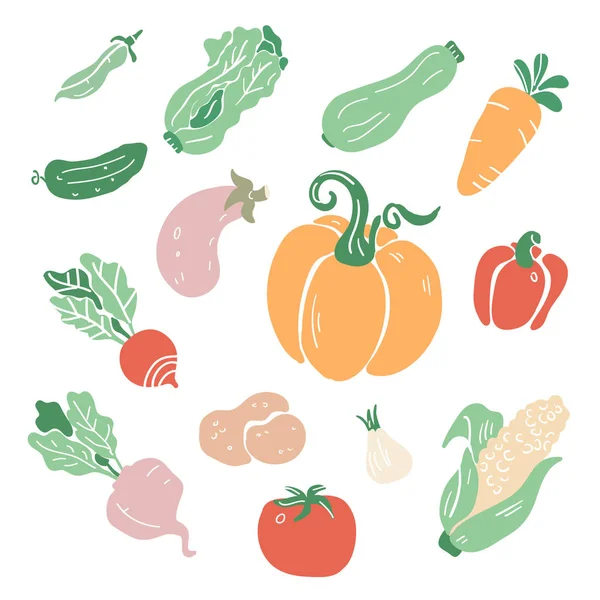 Elle çizilmiş doodle renkli sebze. Stil vektör toplama kroki. Sebze düz Icons set: salatalık, havuç, soğan, domates, turp, biber, patates, bezelye, Mısır, kabak, salata. — Stok Vektör