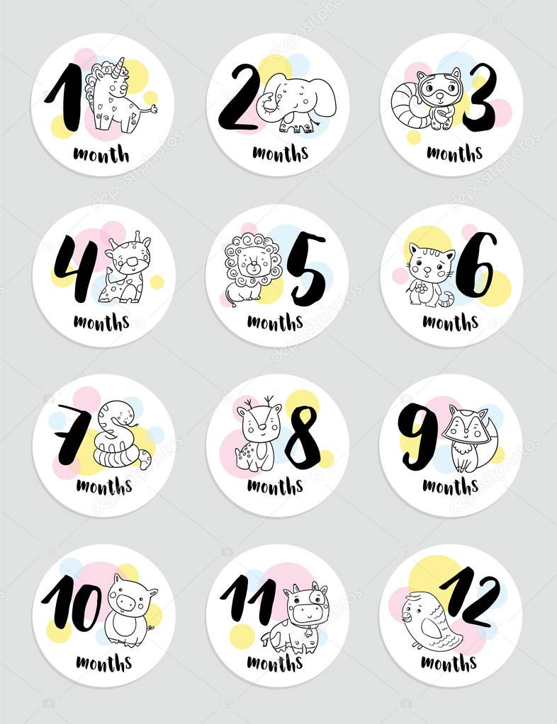 Cute months stickers with animals for baby. Baby Shower party decor