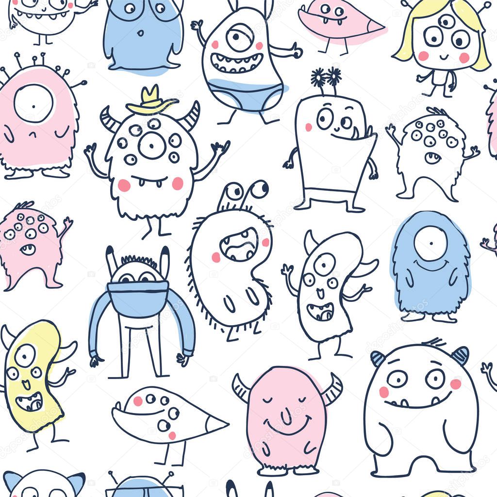 Cute monsters doodles seamless pattern