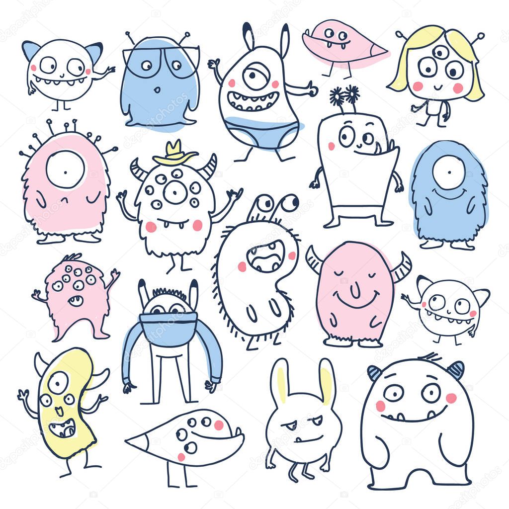 Cute monsters colorful doodles