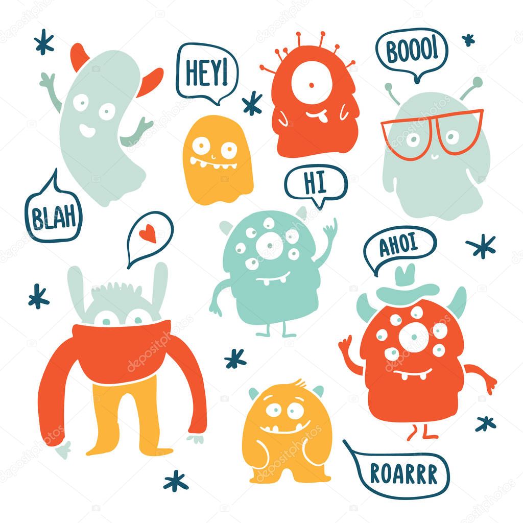 Cute monsters and ghosts colorful doodles