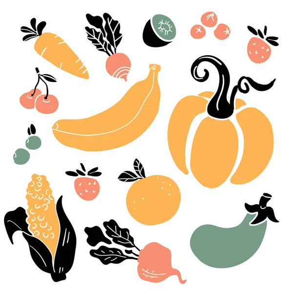 Elle çizilmiş doodle renkli sebze ve meyve — Stok Vektör