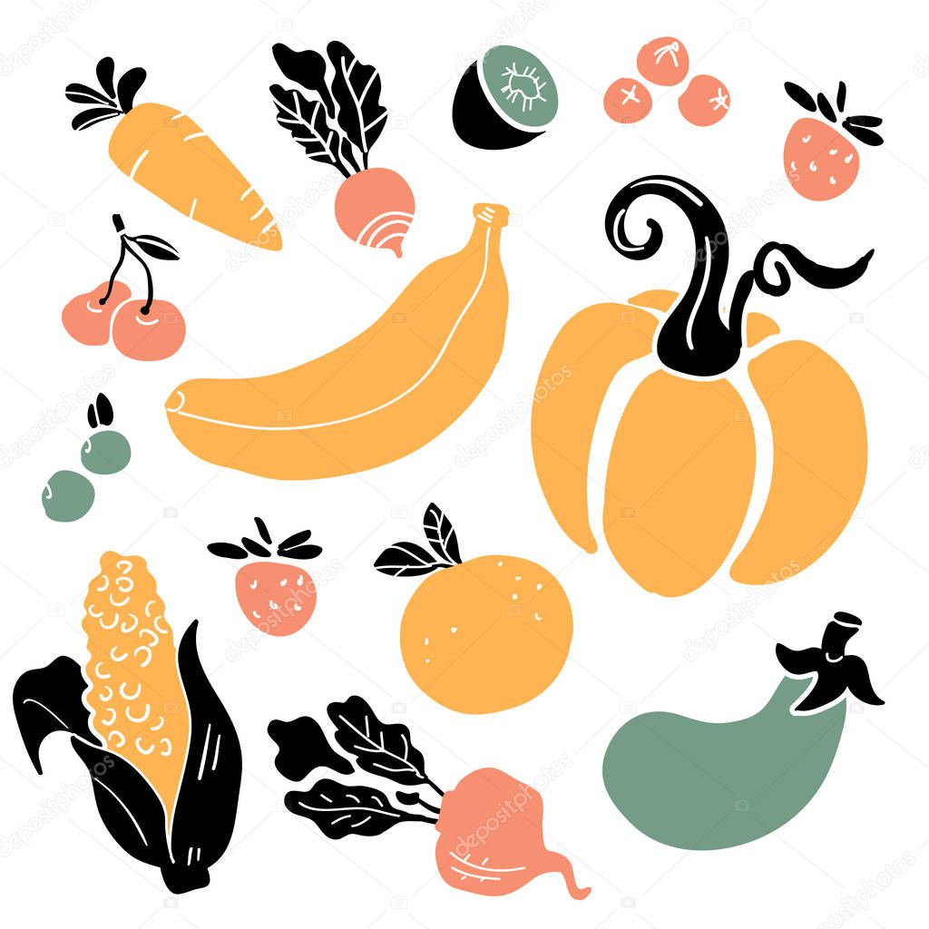 Hand drawn colorful doodle vegetables and fruits