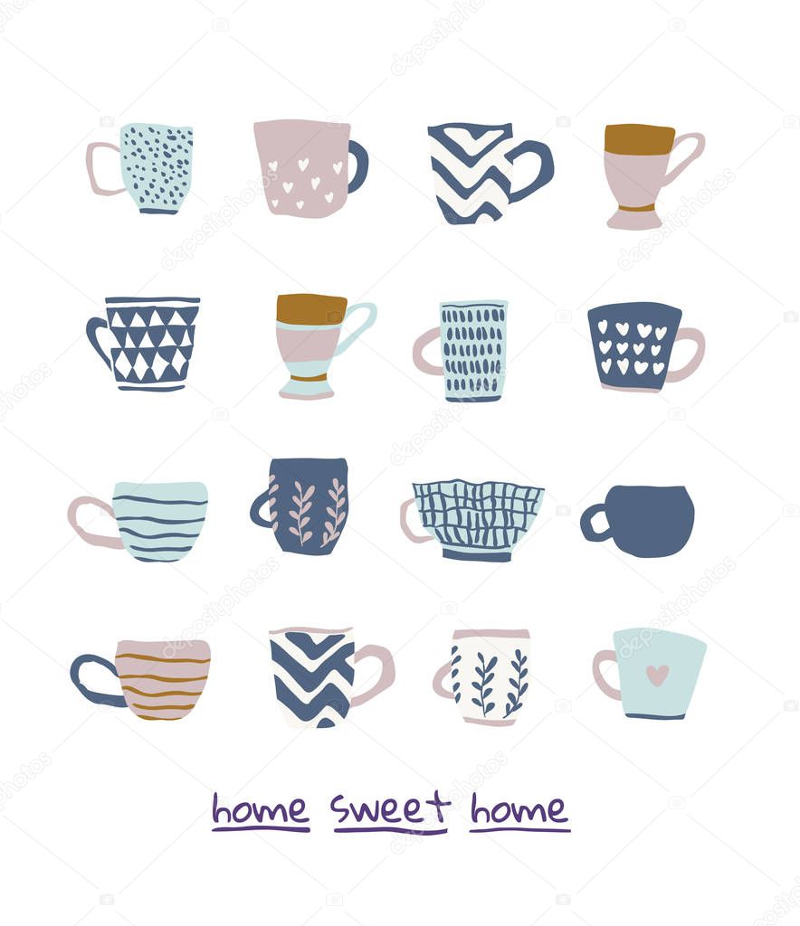 Poster with different cups of tea, scandinavian