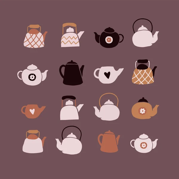Set of hand drawn hygge tea pots isolated, hygge — Stock Vector