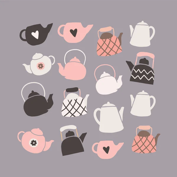Set of hand drawn hygge tea pots isolated, hygge — Stock Vector