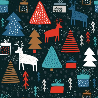 Yağmur geyikleri ve çam ağaçlarıyla çocuksu Noel desenleri