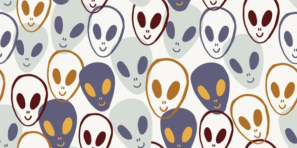 Childish seamless pattern with aliens faces ufo — Stock Vector