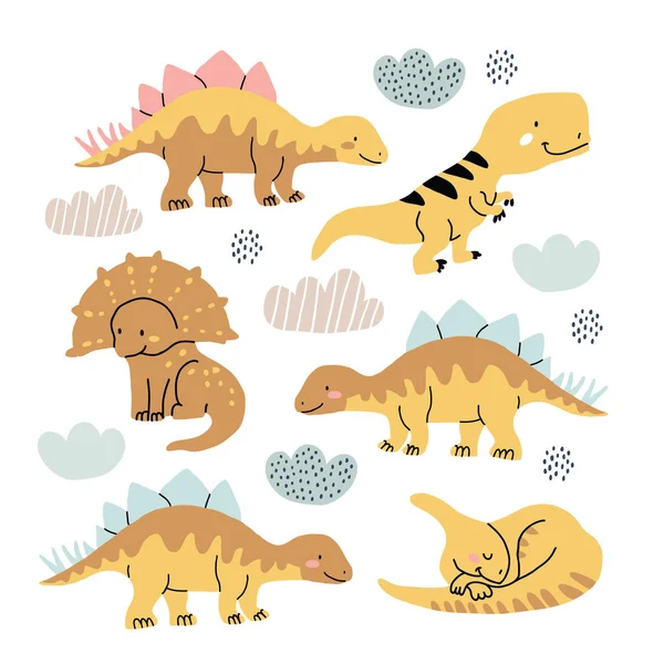 Cute dinosaurs doodles set isolated on white — Stock Vector