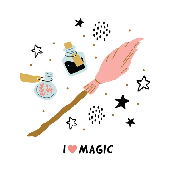 School of magic objects isolated - pink broom — Stock Vector