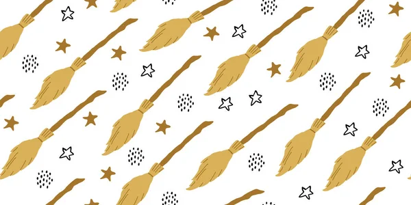 Seamless witch pattern with flying brooms, magic — Stock Vector