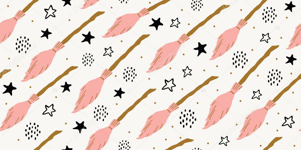 seamless witch pattern with flying pink brooms