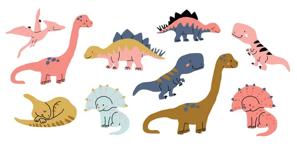 Lindos dinosaurios doodles conjunto aislado en blanco — Archivo Imágenes Vectoriales