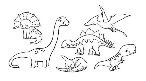 Cute dinosaurs in outline ink style — Stock Vector