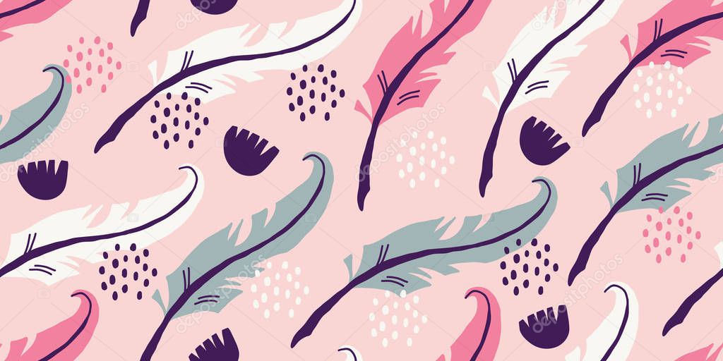 seamless pattern with writing feathers on pink