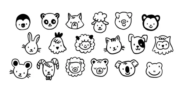 Cute farm, zoo, domestic animals faces outline — Stock Vector