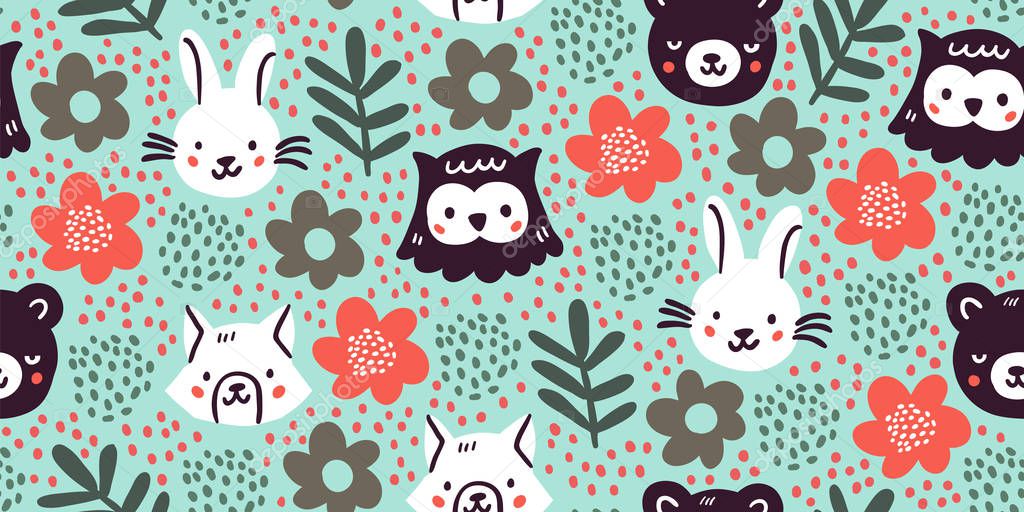 cute forest, wood animals seamless pattern green