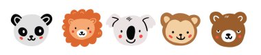 Panda, aslan, koala, maymun, ayı yüzleri