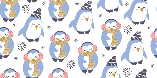 Patrón sin costuras con pingüinos lindos, invierno, nieve — Vector de stock