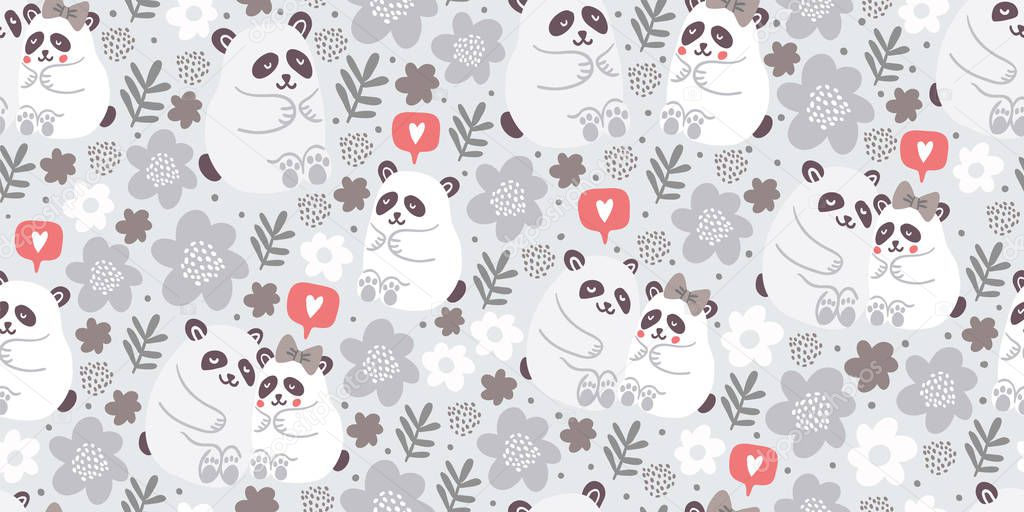 Seamless pattern with cute pandas couples, love