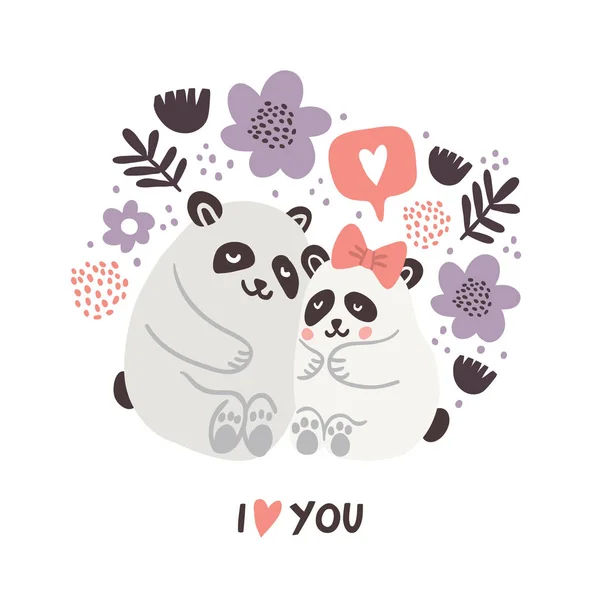 Illustrazione vettoriale di simpatici panda abbracciare, amore — Vettoriale Stock