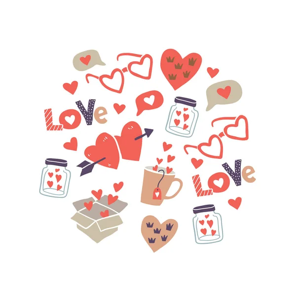Ilustração do círculo com adesivos de amor, corações — Vetor de Stock