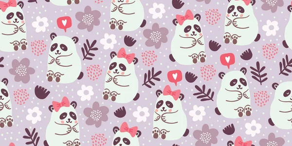 Sömlöst mönster med söta pandapar förälskade — Stock vektor