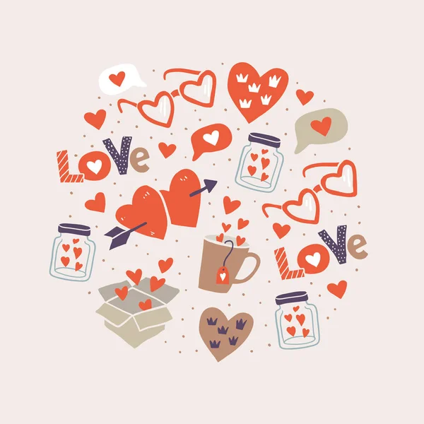 Ilustración del círculo con pegatinas de amor, corazones — Vector de stock