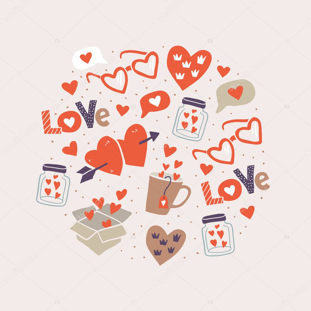 Circle illustration with love stickers, hearts