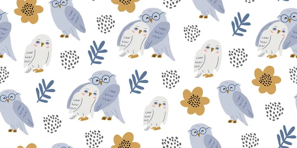 Seamless pattern with cute owls couples hugging — Stock Vector