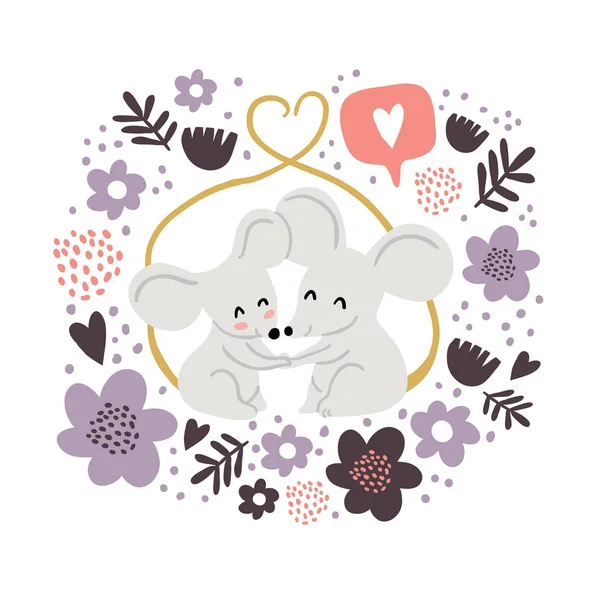 Χαριτωμένα mouses στην εικόνα αγάπη, ημέρα του Αγίου Βαλεντίνου — Διανυσματικό Αρχείο