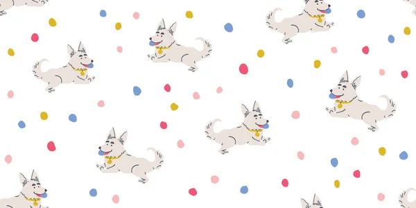 Vektor sömlöst mönster med söta corgi hundar, boll — Stock vektor