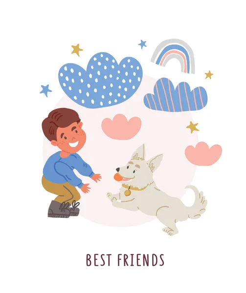 Illustration de garçon avec chiot corgi, propriétaire du chien — Image vectorielle