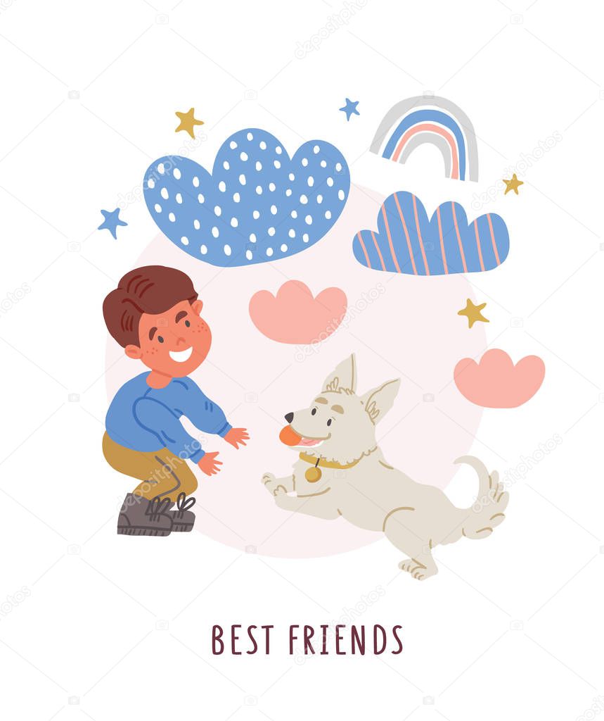 Illustration of boy with corgi puppy, dog owner
