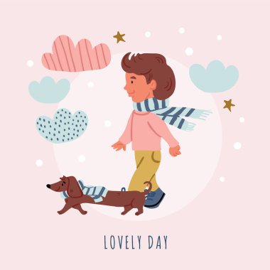 Dachshund köpekli bir çocuğun resmi. Köpek yürüyüşü.