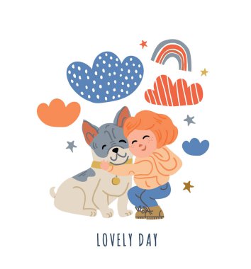 Fransız bulldog köpekli bir çocuğun resmi.