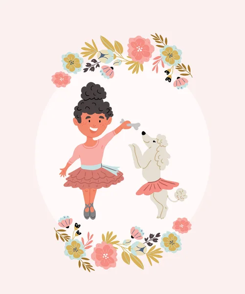 Ilustração de bailarina menina com cachorro poodle —  Vetores de Stock