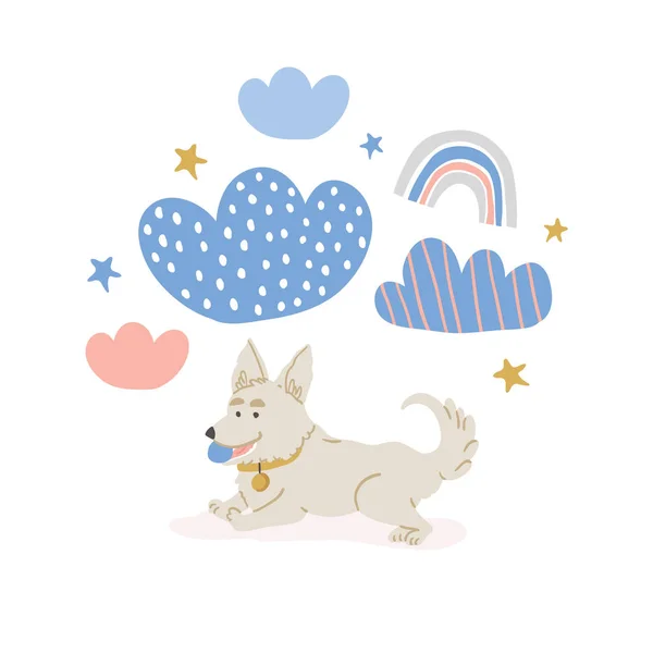 Ilustración de círculo con lindo perro corgi, arco iris — Vector de stock
