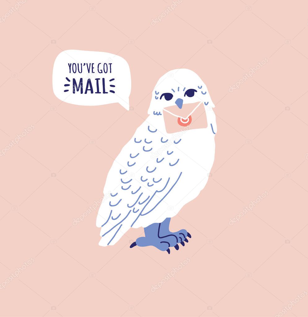 white owl holding letter in claw, speech bubble
