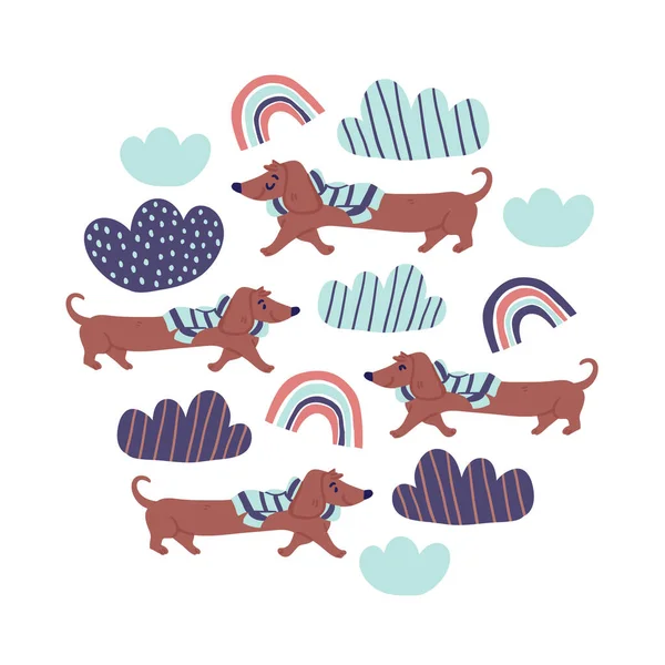 Ilustración del círculo - lindos perros salchichas arco iris — Vector de stock