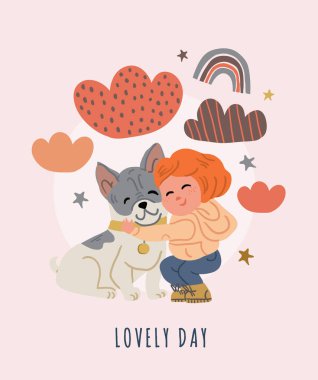 Fransız bulldog köpekli bir çocuğun resmi.