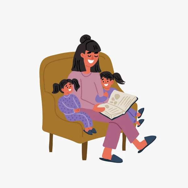 Mother and children reading book in chair, family — Stock Vector