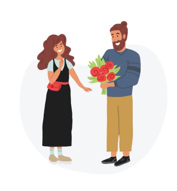 Şirin bir çift, çiçek hediye eden bir adam. Romantik randevu.