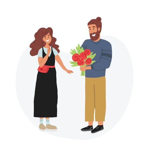 Cute couple, man gifting flowers. Romantic date. — Stock Vector