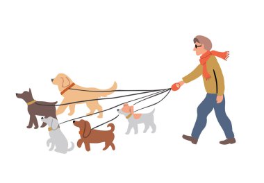 Köpeklerle gezen bir adam illüstrasyon üretir.